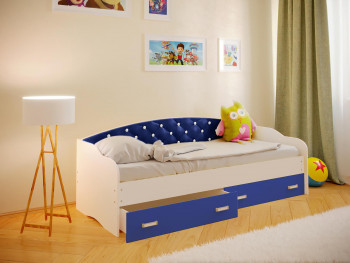 Кровать Софа-8 с мягкой спинкой со стразами (900х2000) Белый/Синий в Нагорном - nagornoe.mebel54.com | фото